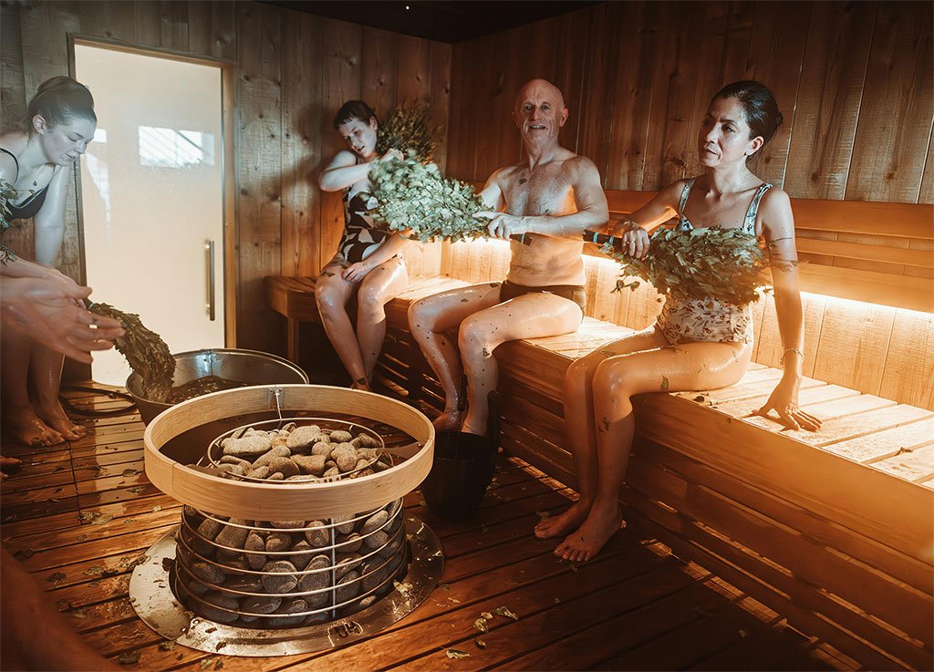 Guests enjoying a wood-fired sauna session